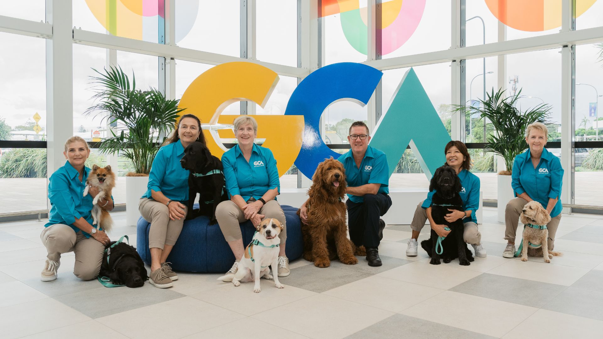 Six Gold Coast Airport Ambassapaws volunteers in teal uniforms pose with seven dogs of various breeds and sizes inside the airport terminal, in front of a large colourful GCA sign and floor-to-ceiling windows.